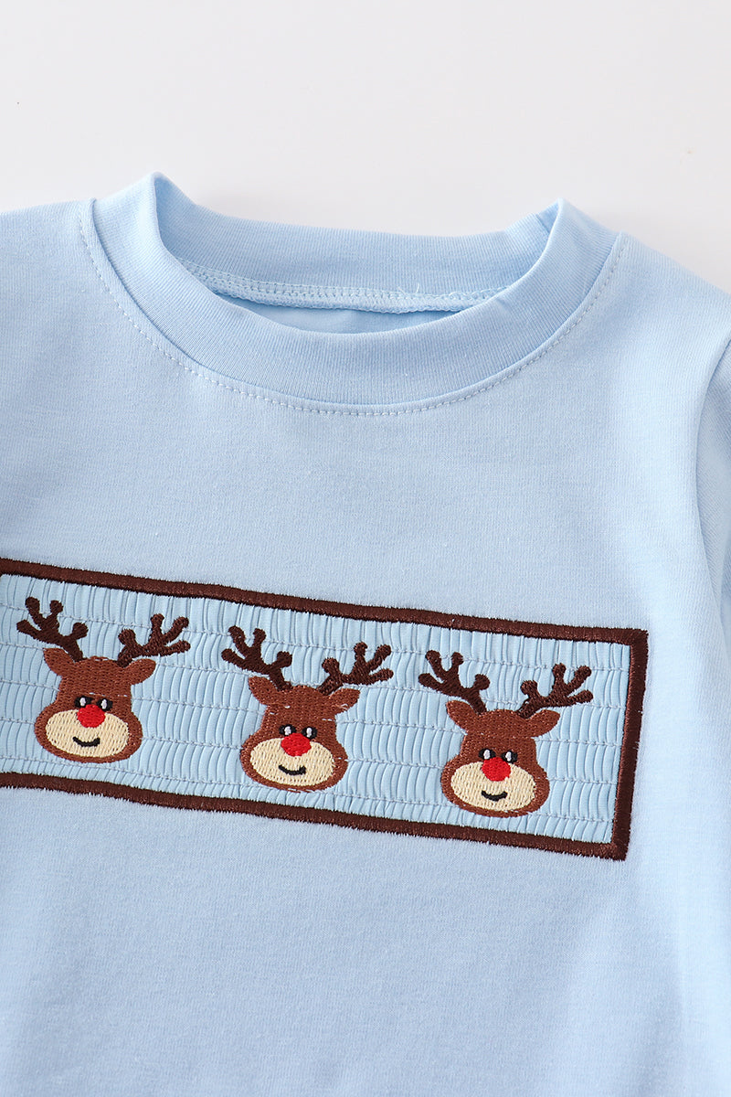 Reindeer Smocked Boy Blue Bubble