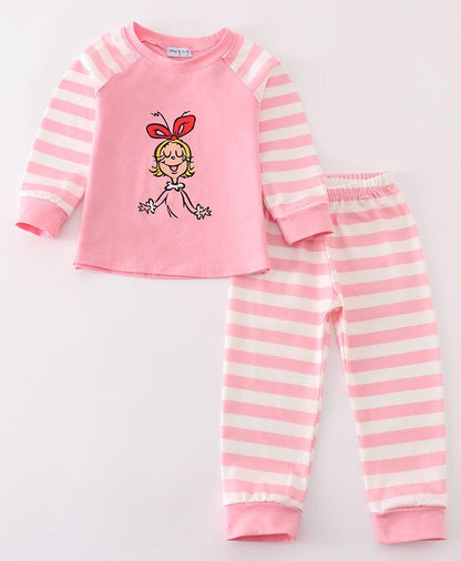 Cindy Christmas Print Pink Stripe Girl Pajamas Set