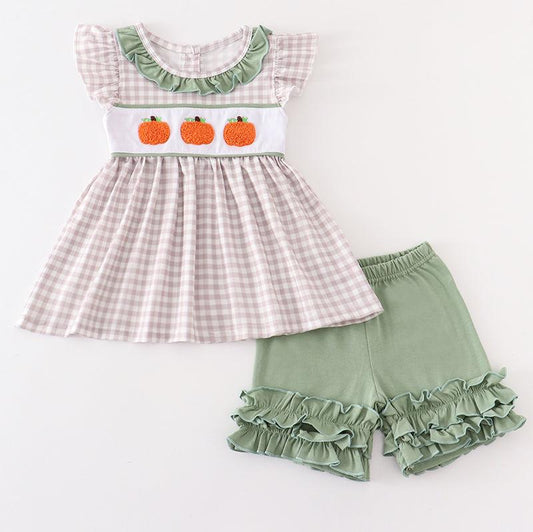 Plaid French Knot Pumpkin Sage Girl Set