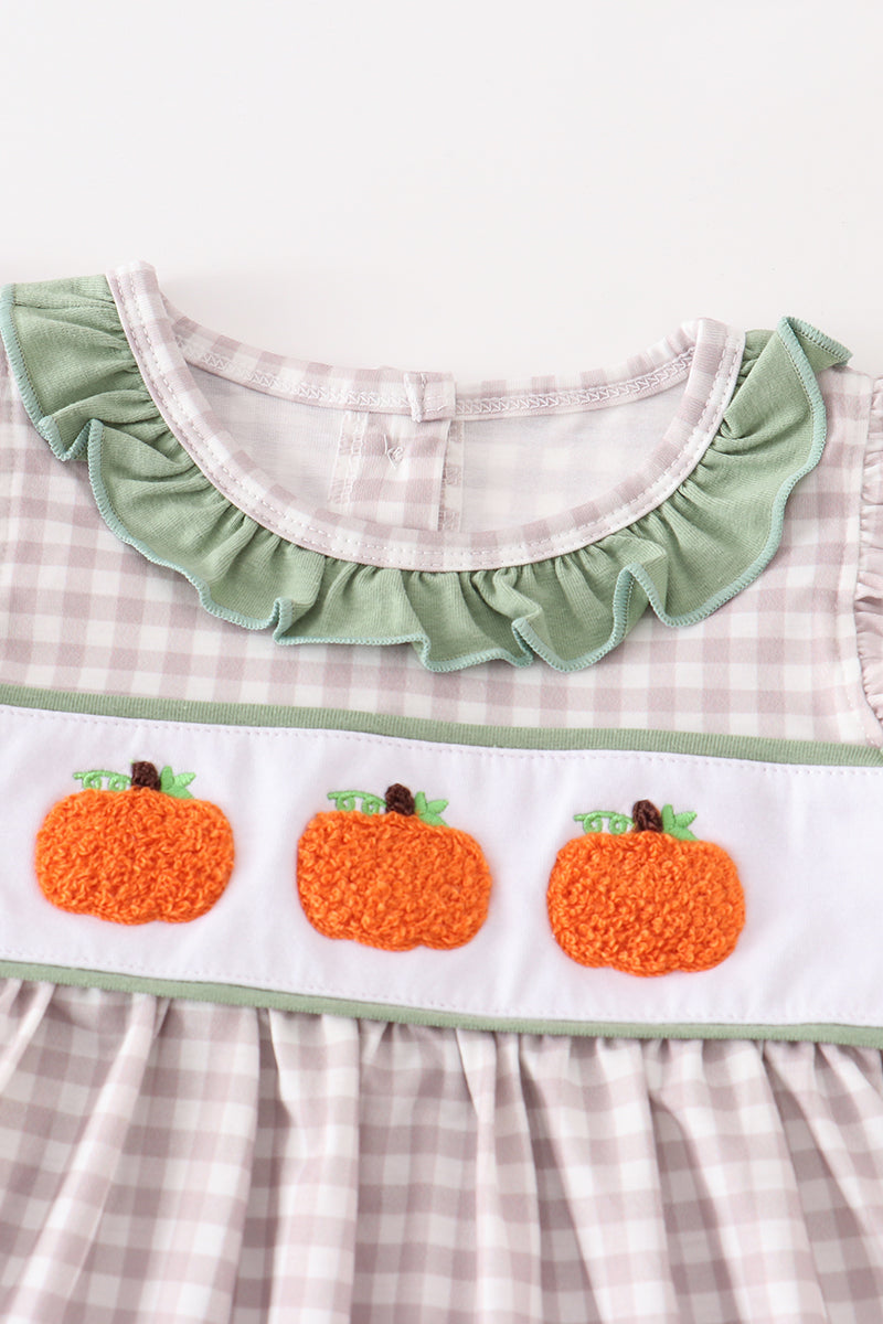 Plaid French Knot Pumpkin Sage Girl Set