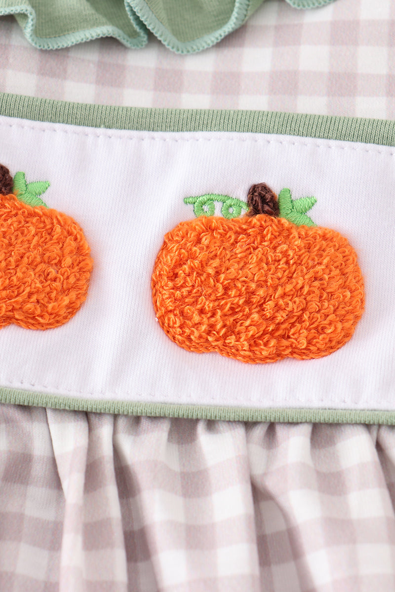 Plaid French Knot Pumpkin Sage Girl Set