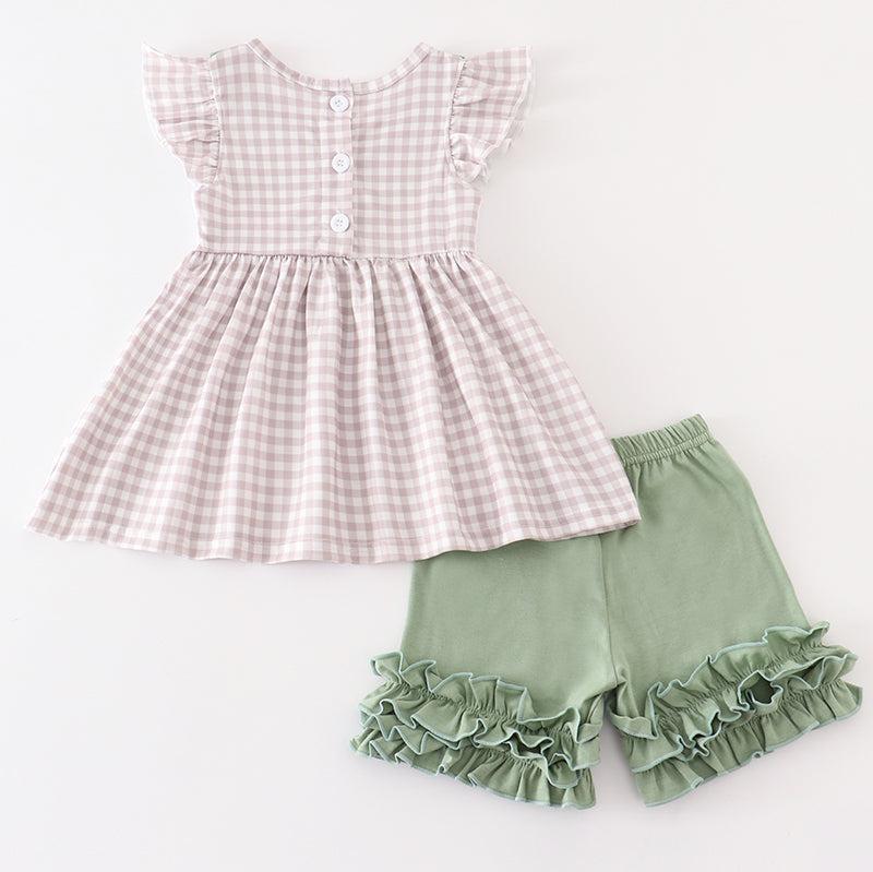 Plaid French Knot Pumpkin Sage Girl Set