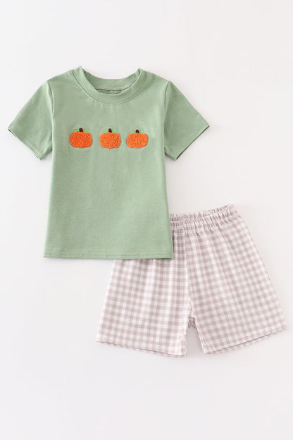 Plaid French Knot Pumpkin Sage Boy Set