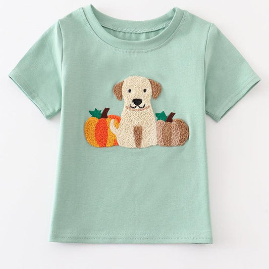 Pumpkin Pup French Knot Green Boy Top