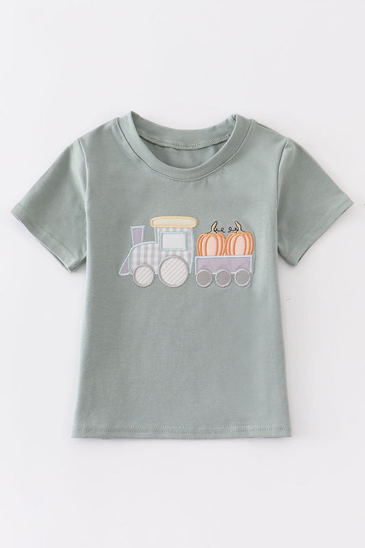 Pumpkin Train Applique Sage Boy Top