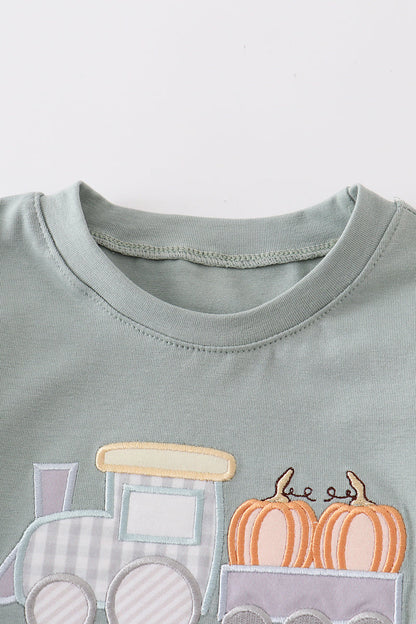 Pumpkin Train Applique Sage Boy Top