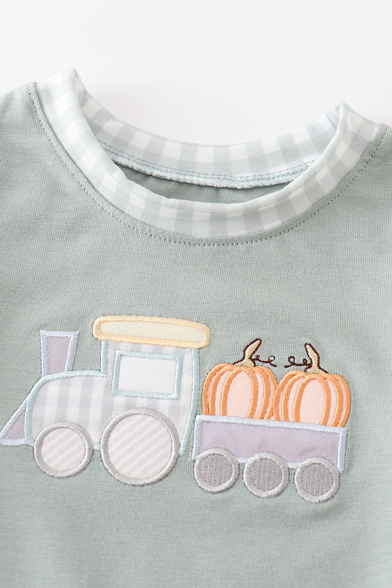 Pumpkin Train Applique Sage Boy Bubble