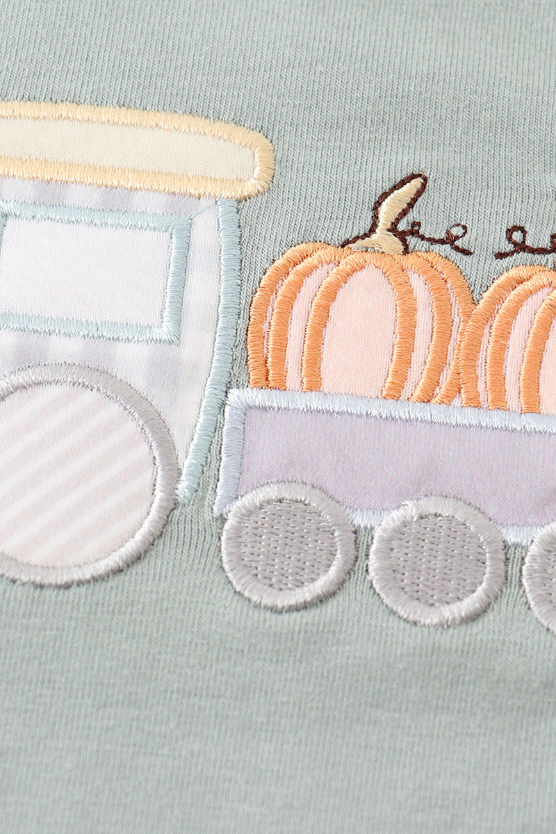 Pumpkin Train Applique Sage Boy Bubble