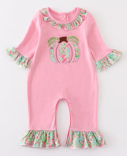 Pink Pumpkin Applique Ruffle Girl Romper