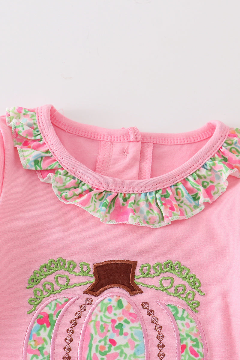 Pink Pumpkin Applique Ruffle Girl Romper