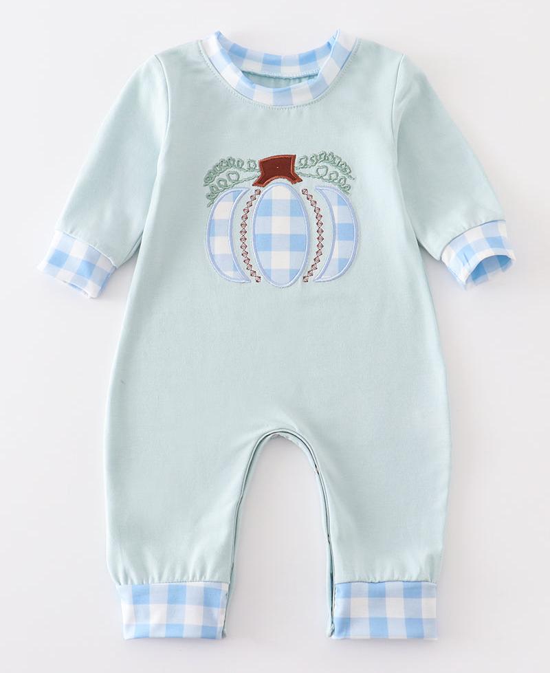 Blue Plaid Pumpkin Applique Boy Romper