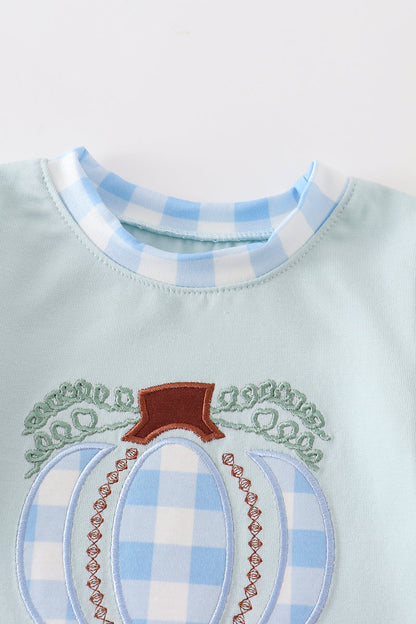 Blue Plaid Pumpkin Applique Boy Romper