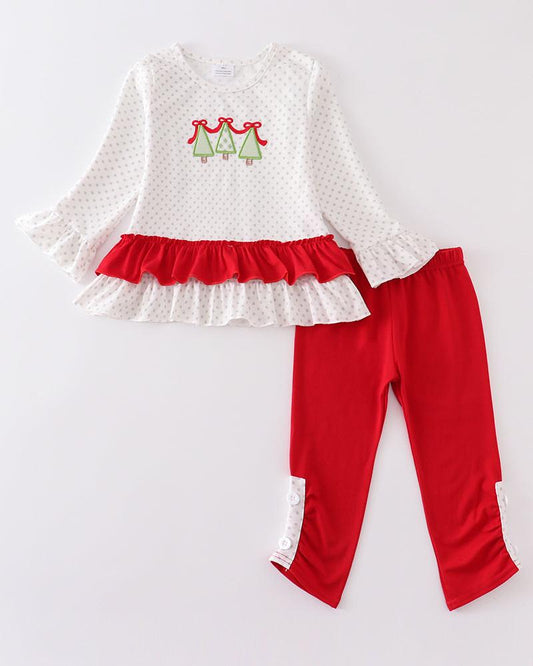 Red Christmas Tree Applique Girl Set