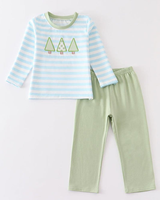 Christmas Tree Embroidered Stripe Boy Set