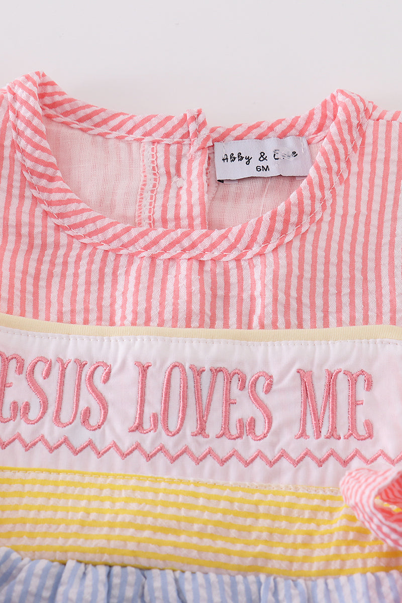 Jesus Loves Me Embroidered Seersucker Girl Bubble