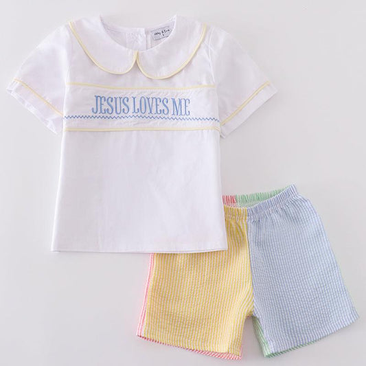 Jesus Loves Me Embroidered Boy Seersucker Shorts Set