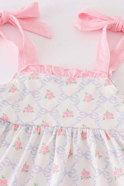 Pink Bow Floral Print Girl Shorts Set