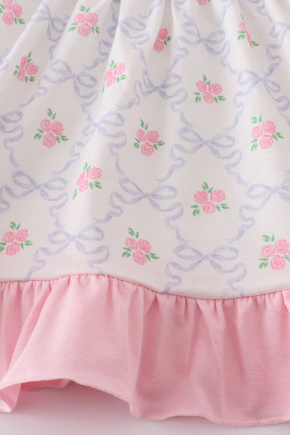 Pink Bow Floral Print Girl Shorts Set