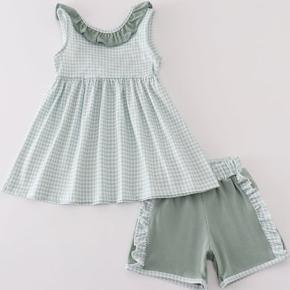 Green Gingham Girl Ruffle Shorts Set