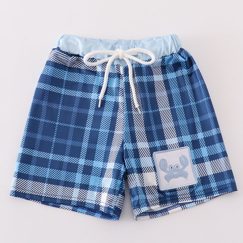 Crab Embroidered Navy Plaid Boy Swim Trunks