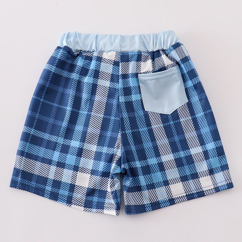 Crab Embroidered Navy Plaid Boy Swim Trunks