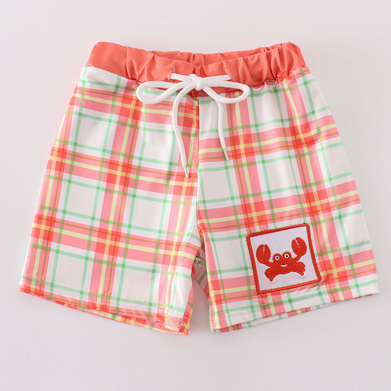 Crab Embroidered Orange Plaid Boy Swim Trunks