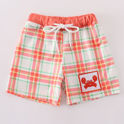 Crab Embroidered Orange Plaid Boy Swim Trunks