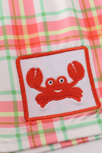 Crab Embroidered Orange Plaid Boy Swim Trunks