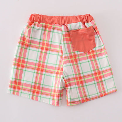 Crab Embroidered Orange Plaid Boy Swim Trunks