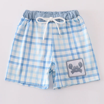 Crab Embroidered Blue Plaid Boy Swim Trunks