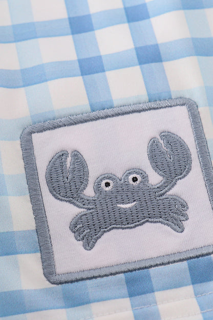 Crab Embroidered Blue Plaid Boy Swim Trunks