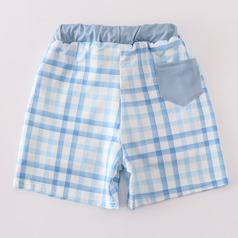 Crab Embroidered Blue Plaid Boy Swim Trunks