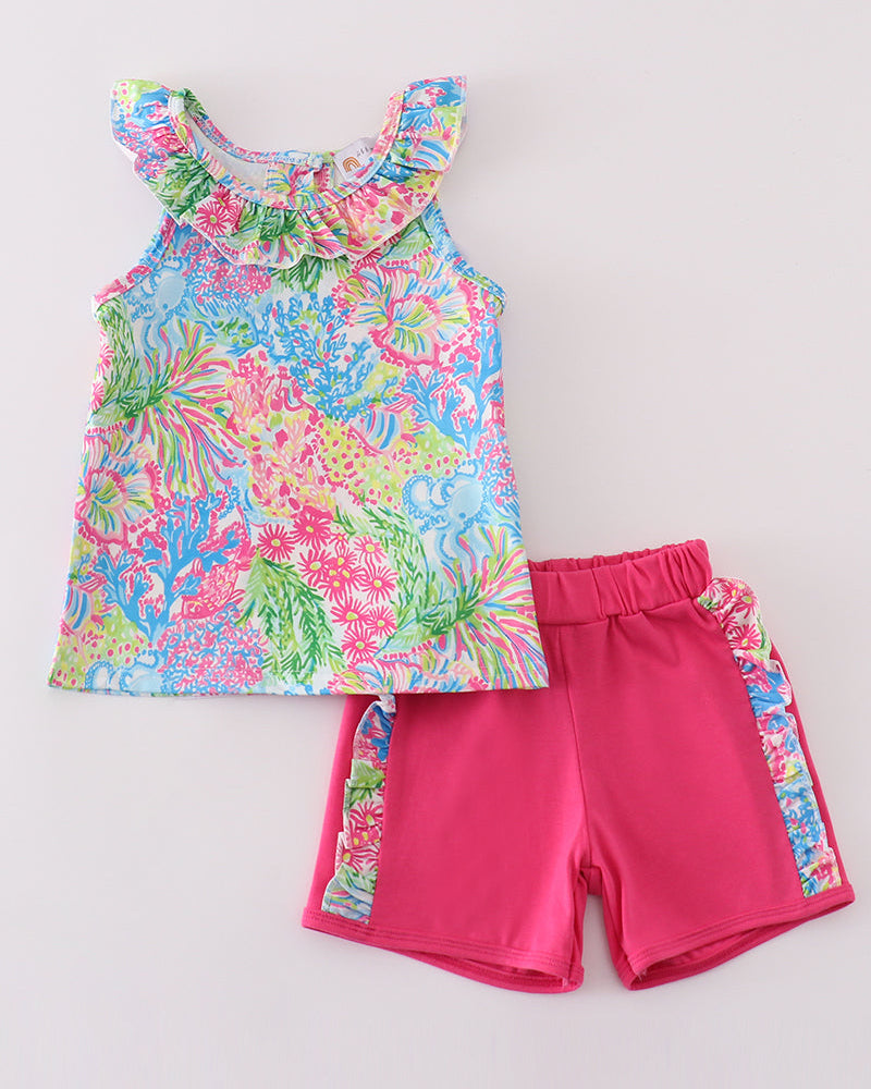 Pink Tropical Floral Girl Shorts Set