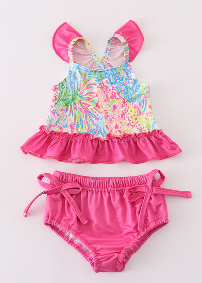 Pink Tropical Floral 2pc Girl Swimsuit