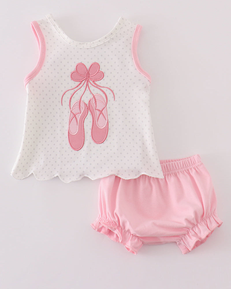 Pink Ballet Shoes Applique Girl Bloomers Set