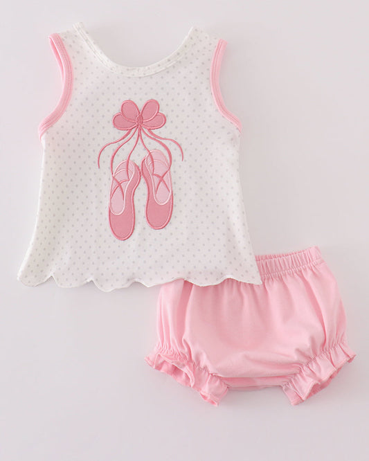 Pink Ballet Shoes Applique Girl Bloomers Set