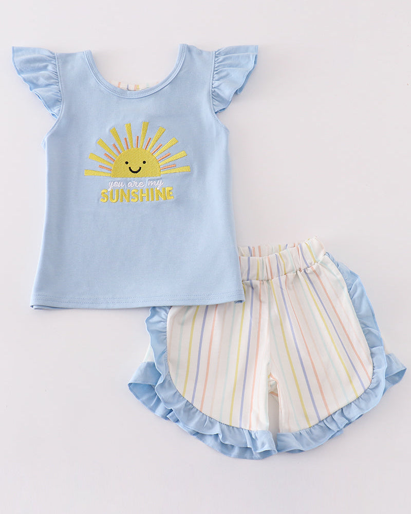 You Are My Sunshine Applique Blue Girl Shorts Set