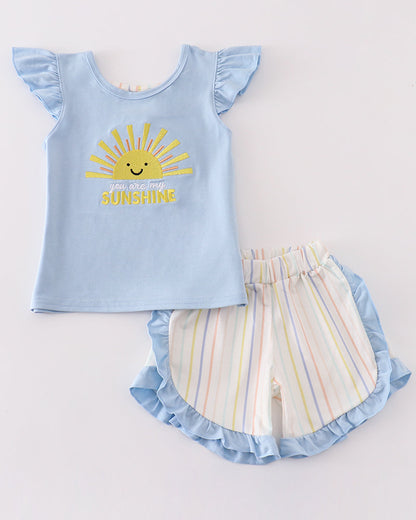 You Are My Sunshine Applique Blue Girl Shorts Set