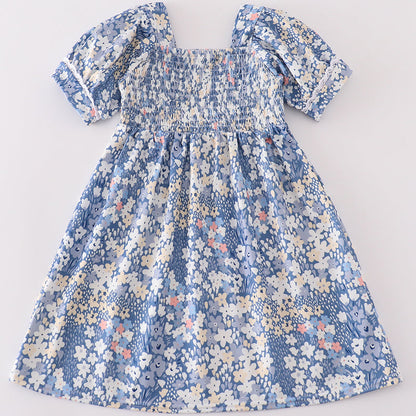 Blue Delicate Floral Smocked Dress