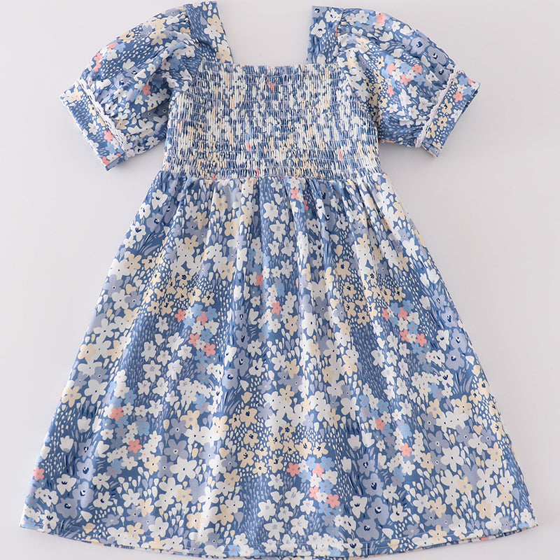 Blue Delicate Floral Smocked Dress