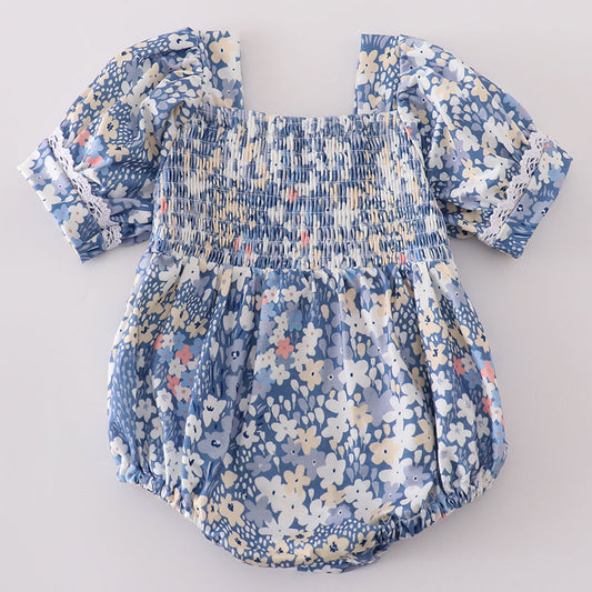 Blue Delicate Floral Smocked Girl Bubble