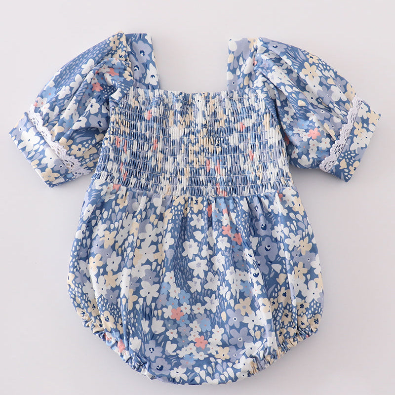 Blue Delicate Floral Smocked Girl Bubble