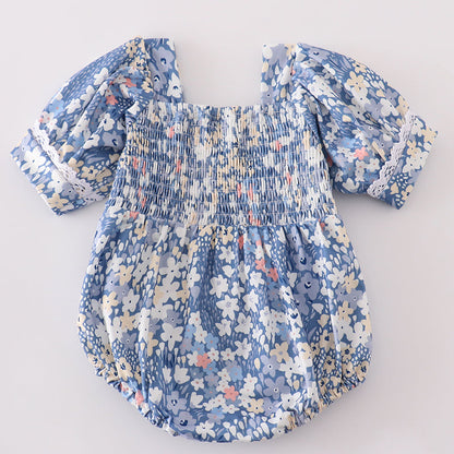 Blue Delicate Floral Smocked Girl Bubble