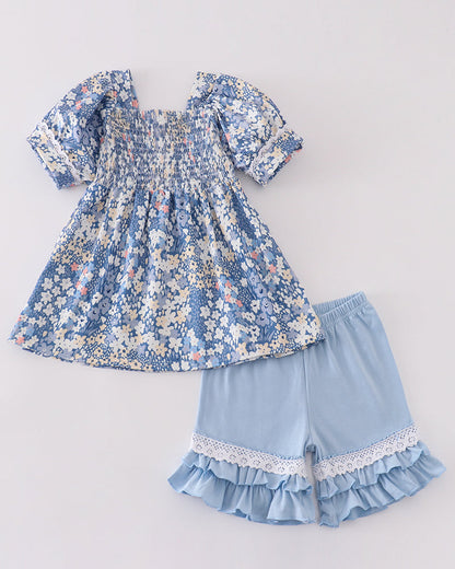 Blue Delicate Floral Smocked Girl Shorts Set