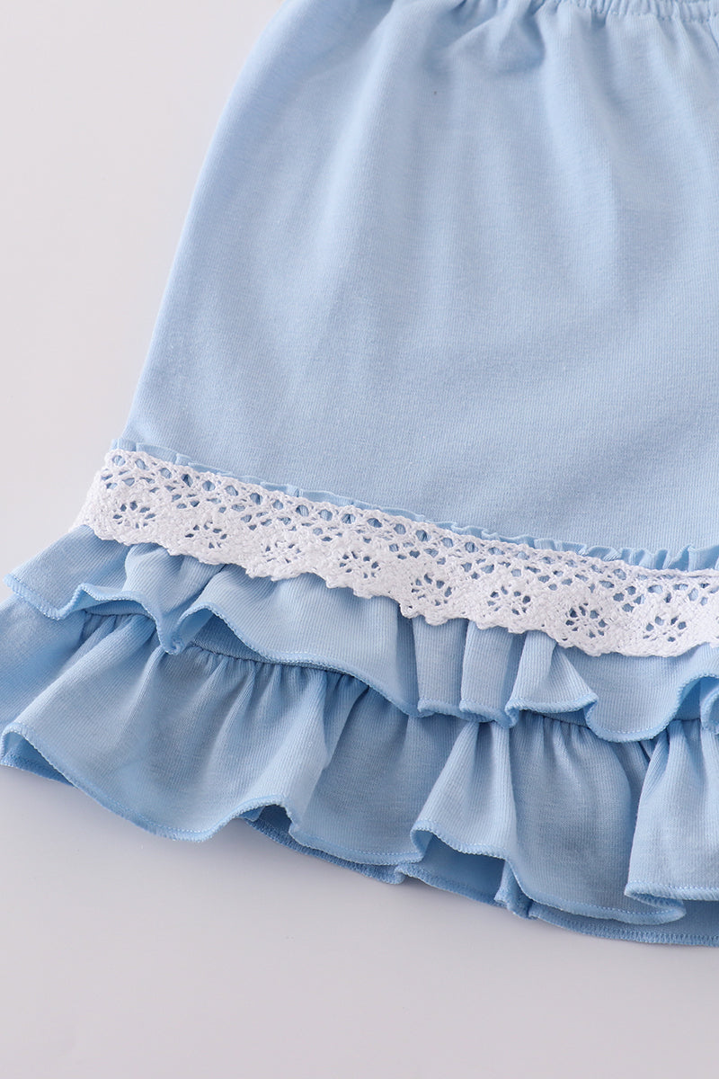 Blue Delicate Floral Smocked Girl Shorts Set