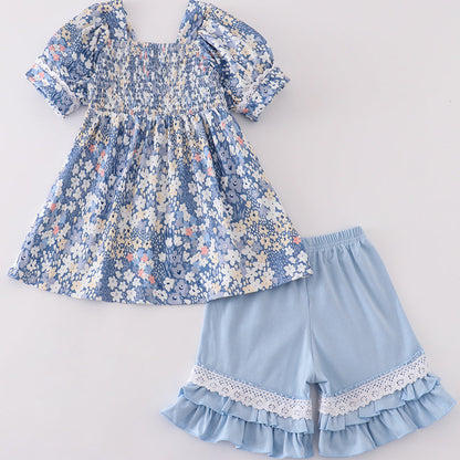 Blue Delicate Floral Smocked Girl Shorts Set