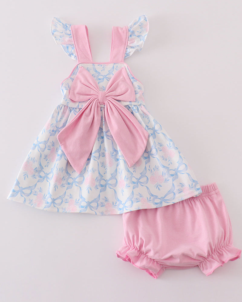 Blue Floral Bow Delight Girl Bloomers Set