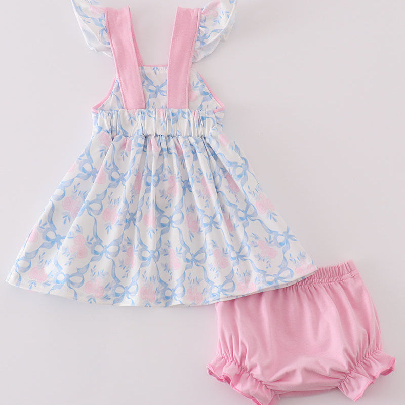 Blue Floral Bow Delight Girl Bloomers Set