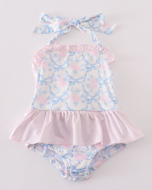 Blue Floral Bow Delight Smocked One Piece Swimsuit