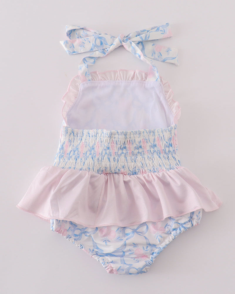 Blue Floral Bow Delight Smocked One Piece Swimsuit